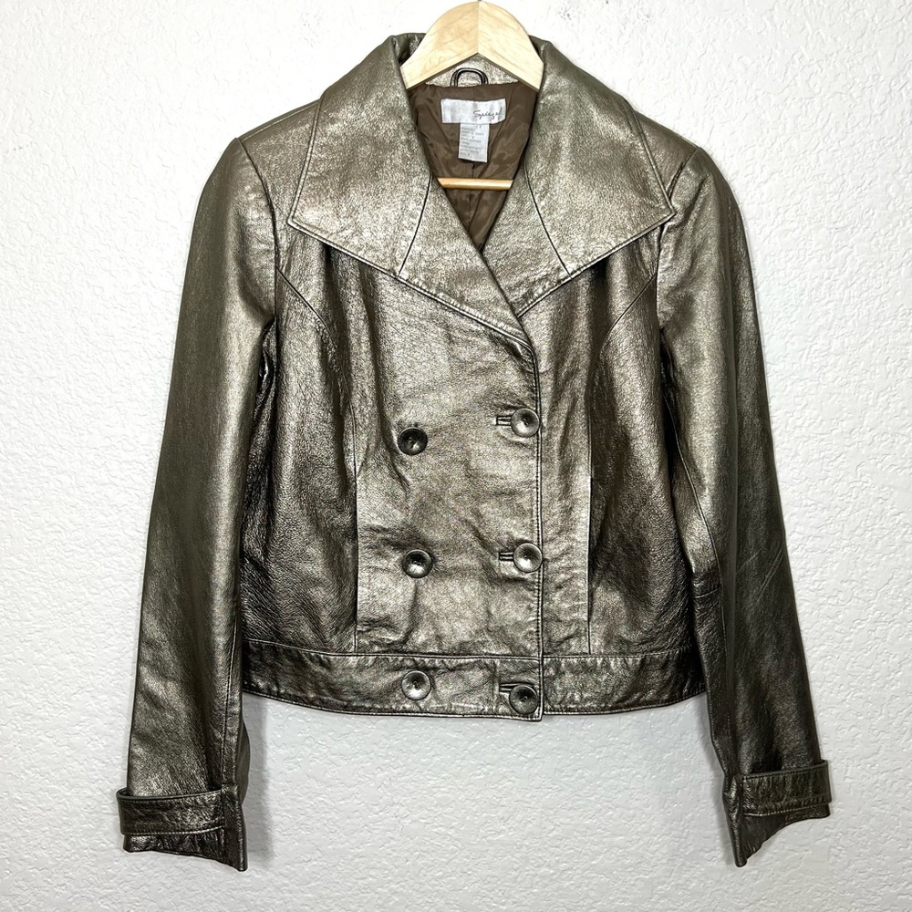 Vintage 90’s Y2K Spiegel Gold Pewter Metallic Leather Moto Jacket Size 8